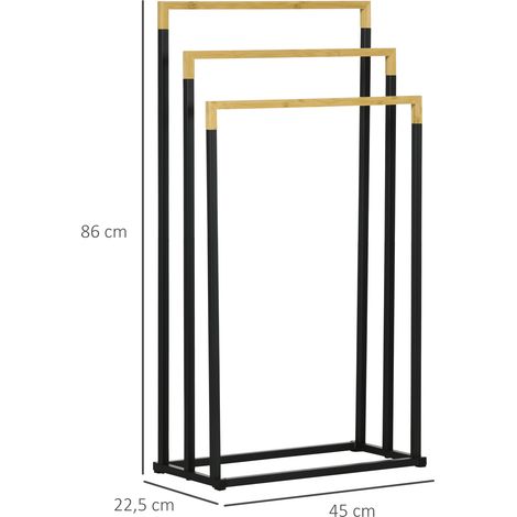 Porte-serviettes 3 barres acier bambou, support salle de bain, design moderne pratique, rangement, coloris noir (1/5)