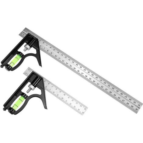 Équerre combinée 2 pièces, composée d'une équerre de 150 mm et d'une de 300 mm, en acier inoxydable, avec niveau à bulle et graduations. Pratique pour mesurer et tracer. (1/5)