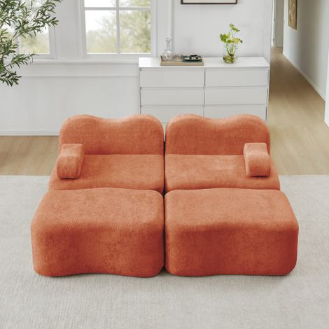 Canapé modulable 2 places sans armature orange + 2 poufs, mousse haute densité 32D, coussins d'accoudoirs mobiles, base antidérapante, pour salon et appartement (1/5)