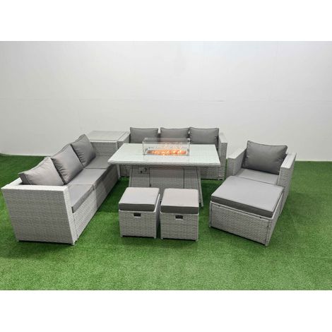 Fimous 10 Seat PE Rattan Lounge Sofa Set Outdoor Garden Furniture Set with Firepit Dining Table 3 Seater Sofa 3 Stools Side Table Light Grey (1/5)