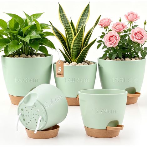Pot Auto Arrosant 5 Pièces Pot de Fleur Interieur avec Réserve d’Eau Cache Pot Plante Interieur 17,78/17,02/14,81/13,79/12,4 cm Pots de Fleurs pour Plantes d’Intérieur Herbes Aromatiques Vert (1/5)