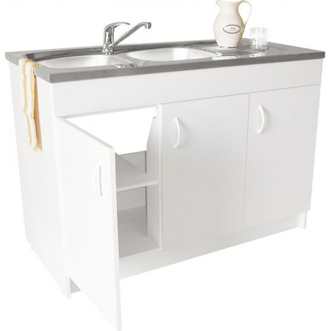 Meuble sous-évier 100cm 2 portes – Mélaminé blanc – Charnières invisibles – Vérins métalliques réglables – Installation facile – Nova