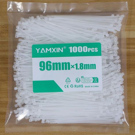 Colliers de serrage blancs, fins et courts (96 mm x 1,8 mm), lot de 1000, pour installations électriques, usage domestique, jardinage et gestion des câbles. (1/5)
