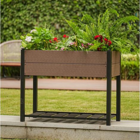 Jardinière Surélevée 1094985cm, HDPE Aspect Bois, Bac à Fleurs avec Étagère de Rangement, Aluminium, Résiste aux Intempéries (1/5)