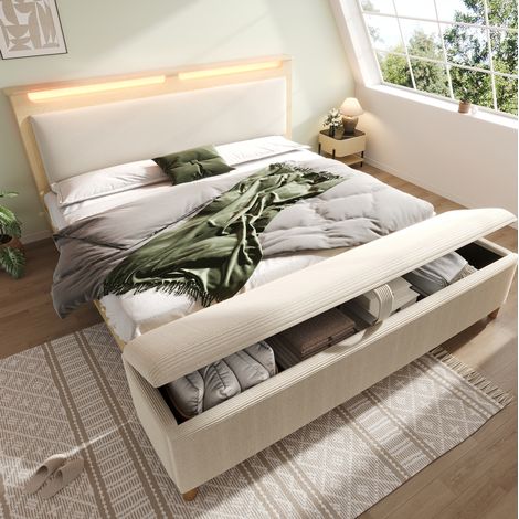 Doppelbett aus Holz 185x253x110 cm, beige, mit Stauraumbank, LED, ohne Matratze – MEUBLIV (1/5)