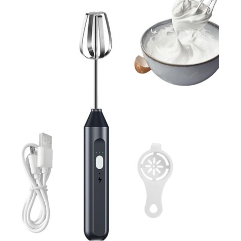 Batteur à oeufs électrique avec batteurs à deux fils Batteur à aliments Fouet à 3 vitesses Mélangeur à main sans fil vertical avec séparateur d'oeufs pour la cuisson de crème aux oeufs de gâte(noir) (1/4)