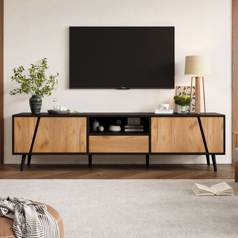 URBAN MEUBLE Meuble TV bicolore effet bois et noir 2 portes et tiroir 180x40x46cm (1/5)