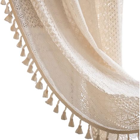 Rideaux vintage style maison de campagne en tricot crocheté, style bohème, ajourés avec pompons, lot de 2 rideaux d'extérieur en coton pour chambre à coucher. (1/5)