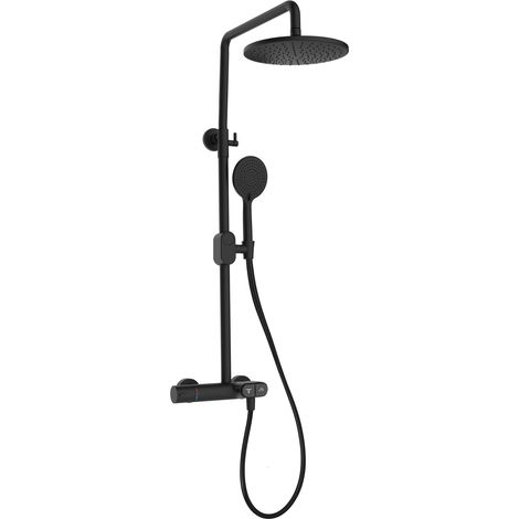 Eurosanit – Colonne de douche thermostatique noire – Mitigeur avec cartouche thermostatique – Douche de tête orientable 228mm – Flexible renforcé 1.5m
