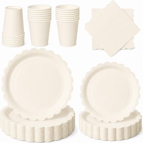 Série de couverts blancs crème，total 96 pièces : comprend des assiettes, des gobelets en papier et des serviettes, pouvant accueillir 24 invités. fêtes d'anniversaire, des banquets, etc. (1/5)