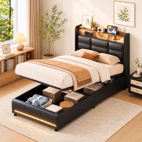 Lit Coffre 90x200 avec LED et USB, Lit adulte avec Espace de Rangement hydraulique et Tete de Lit Rembourré, Lit Simple avec Sommier à Lattes, PU Noir (1/5)