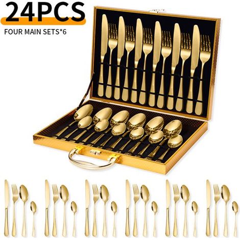 Service de table 24 pièces en acier inoxydable - Service de table - Service de couverts - Service de table pour 6 personnes - Avec boîte de rangement - Acier inoxydable - Doré (1/5)