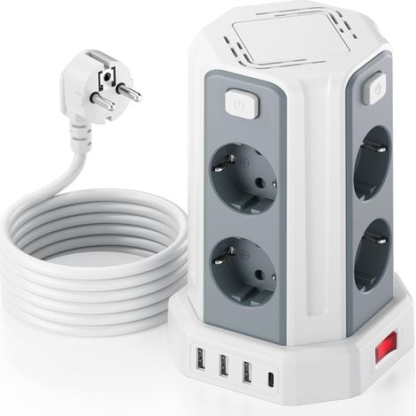 Tour Multiprise avec Interrupteur, Multiprise Parafoudre et Surtension avec 8 Sortie AC et 4 Ports USB(Max 5V/3.4A) Prise Multiple Rallonge Electrique 3M Convient pour Maison, Bureau, Blanc (1/5)