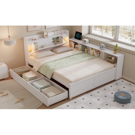 Cama doble 140/200 cm blanca de madera maciza y MDF con cabecero de almacenaje, luces y cajones (1/5)