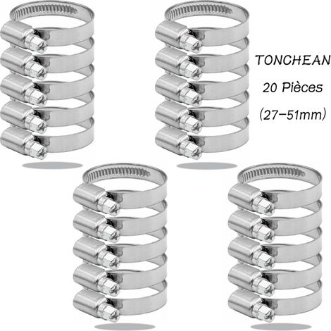 TONCHEANCollier de Serrage Tuyau Réglable 27-51mm Gamme en Acier Inoxydable 304 Assortiment Tuyau Pinces Clips pour Famille Tuyau D'eau, Home Gaz, Tube D'automobiles, Robinet 20 Pièces (12mm)