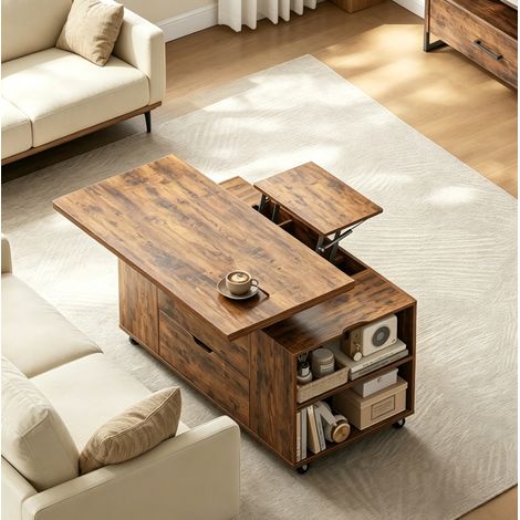 Aparador 100 x 50,5 x 53 cm marrón rústico, tablero elevable y ruedas con bloqueo (1/5)