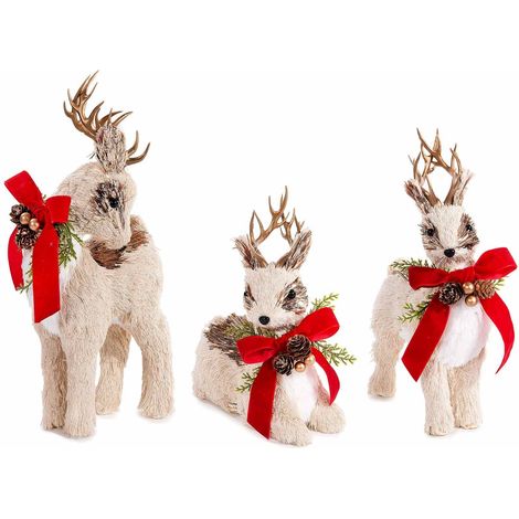 Set 3 renne natalizie in fibra naturale con pigne e fiocco rosso per decorazioni di Natale (1/2)