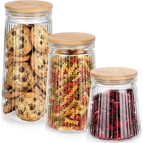 Récipients de conservation - Lot de 3 - 700 ml, 1 l, 1,4 l - Verre avec couvercles en bois (1/5)