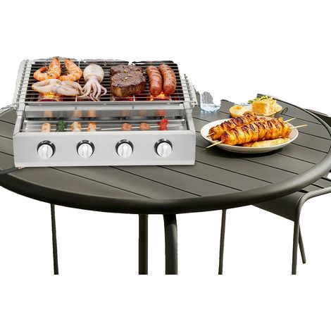Gril à gaz BBQ, 4 brûleurs, construction en acier inoxydable, hauteur de grille réglable, taille de grille 55,8x23,2cm, surface de cuisson de taille compacte (1/5)