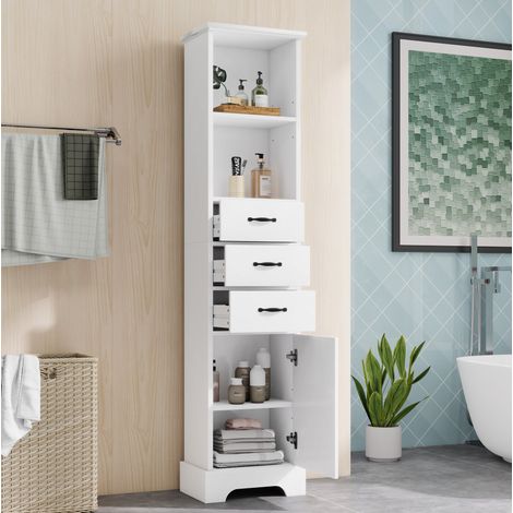 Mueble alto de baño blanco 38 x 26 x 172,5 cm en MDF, 3 cajones y estantes ajustables (1/5)