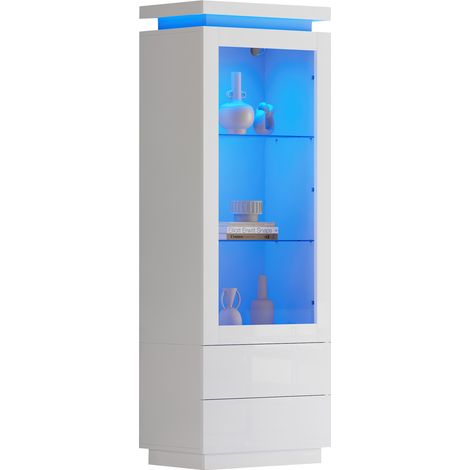Vitrine haute blanche 60 x 40 x 171 cm avec LED, 2 tiroirs, porte en acrylique et étagères en verre trempé, gain de place pour salon moderne et scandinave  CHICFURN (1/5)