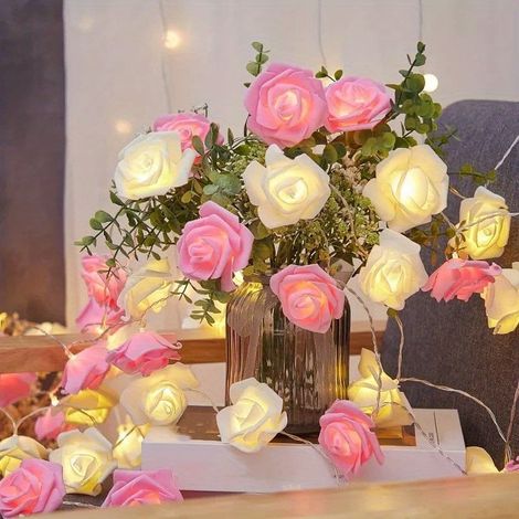 Guirlande Lumineuse - Roses Blanches et Roses - 199.95 cm - 10 LED - Fonctionne sur Piles - Pour Décoration Intérieure - 1 Pièce (1/5)