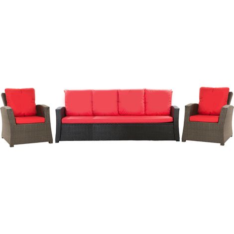Lot coussins pour salon de jardin résine tressée 5 personnes, coussins pour canapé 160x50x7cm Rouge, coussins pour fauteuil de jardin 2x50x56cm (1/5)
