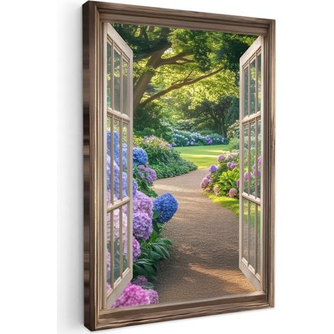 CUADRO EN LIENZO Vista - Jardín - Ventana - Hortensia - Flores Lienzo Para Dormitorios 60x90 cm