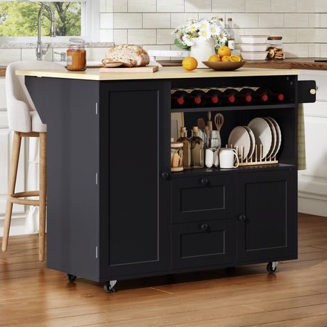 Îlot de cuisine mobile avec plan de travail rabattable, chariot de cuisine, buffet avec rangement, servante, tiroir, porte-serviettes, cave à vin intégrée et roulettes freinables, 104 × 45 (69) × 89 c (1/5)