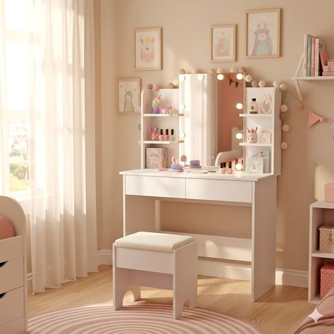 Coiffeuse ALICE avec miroir, éclairage et tabouret / Blanc/ 90x40x135 (1/5)