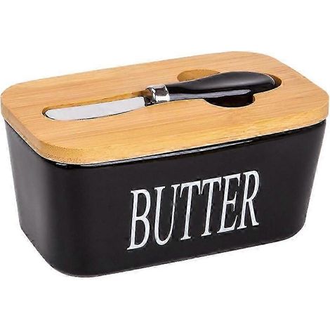 Grand beurrier en céramique noire avec couvercle, compatible avec les plans de travail de cuisine, boîte de rangement pour bâtonnets de beurre avec couvercle (fdq) (1/5)
