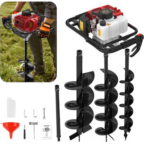 Tarière Thermique Foreuse de Terre Tarière à Essence 3CV, 52cc, avec 3 forets en acier 100/150/200mm Foreuse en spirale terrestre, Grande Poignée Moteur 2 Temps, Réservoir de 1,2L, CONENTOOL, Rouge