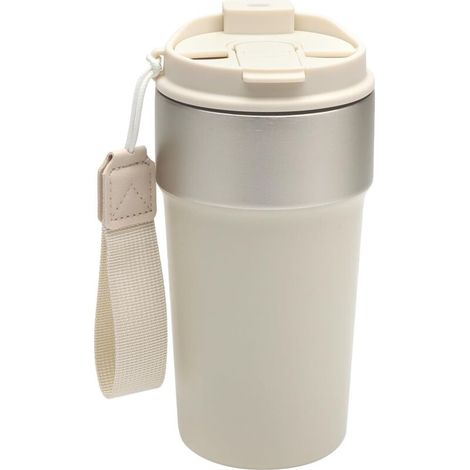 Mug Isotherme Cafe 500ml, Gobelet Isotherme avec Paille et Sortie, Acier Inoxydable Tasse Isotherme pour Cafe, Double Paroi Mug Thermos Réutilisable, Beige