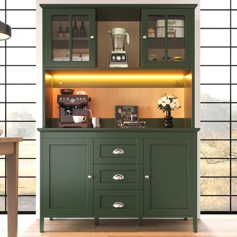 Buffet haut cuisine vert 120x40x179cm portes verre marron éclairage LED meuble rangement enfilade salon salle à manger (1/5)