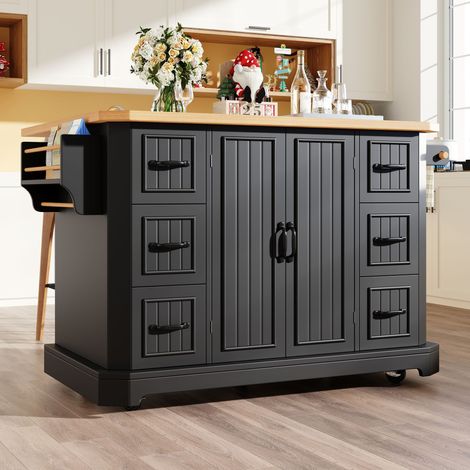 Îlot de cuisine roulant blanc et noir 120x45(75)x91 cm avec 2 battants et 6 tiroirs, meuble de rangement sur roues, chariot de cuisine mobile