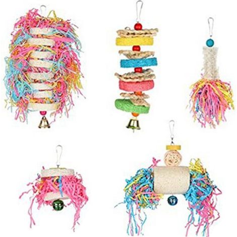 Lot de 5 jouets de recherche de nourriture pour oiseaux, jouet à déchiqueter en luffa pour perroquet, à suspendre dans une cage à conures (1/4)