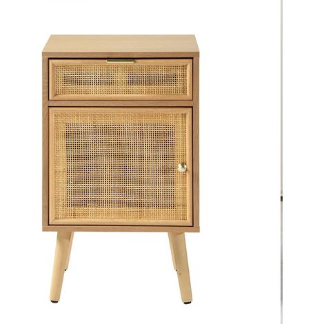 Calicosy – Table de chevet en rotin naturel – 1 tiroir + 1 porte – Dimensions 42x36.5x71 cm – Meuble à monter soi-même