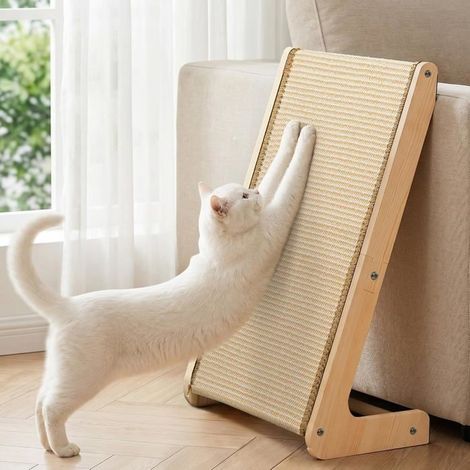 Double Usage Griffoir pour Chat sisal en Forme de L, 62cm Protège-Canapé & d'angle, Rampe de Grattage en Bois Véritable avec Tapis (1/5)
