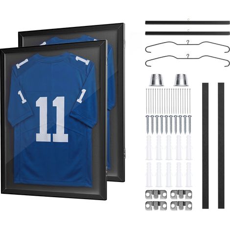 Cadre Maillot Foot 59x79,5 cm Cadre Vitrine Maillot de Football Rugby Basketball Hockey Baseball, en Bois, Fermeture Magnétique, Panneau Polycarbonate Protection UV 98 %, Cintre, Noir, Lot de 2 (1/5)