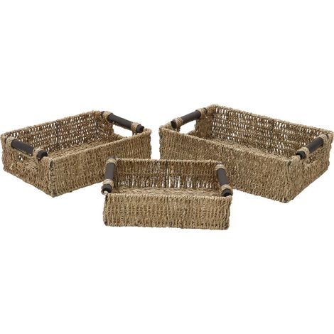 Hand Woven Seagrass Set of 3, Rectangular Storage Baskets with Wooden Handles (1/4)