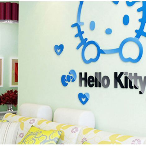 Sticker mural 3D moyen en acrylique stéréo, motif chat Hello Kitty mignon, bleu ciel et noir, pour chambre d'enfant ou table de chevet. (1/4)