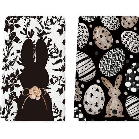 Torchons de cuisine décoratifs à motif floral et lapin noir, motif Pâques, lot de 2 pièces (45,7 x 66 cm)
