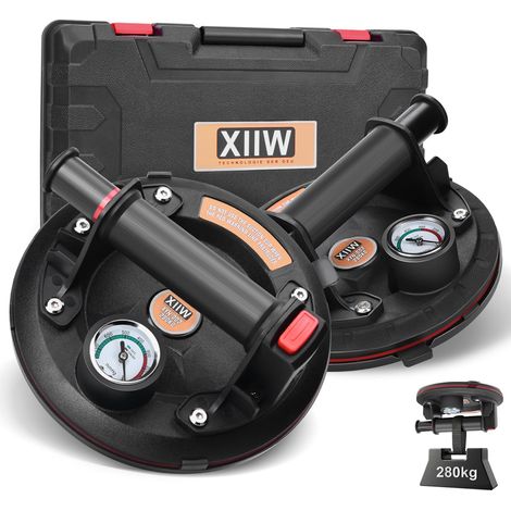 Ensemble de 2 ventouses de 8 pouces avec manomètre jusqu'à 280 kg, lève-vitre à vide avec boîte à outils portable, support de ventouse pour verre, lève-plaques pour stratifiés, carreaux, verre, métaux