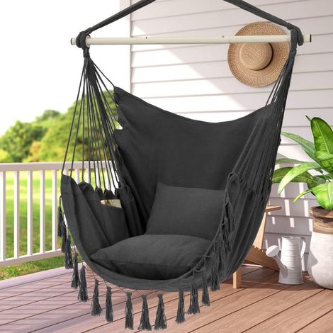 Este columpio de cuerda incluye dos colchonetas y una bolsa de almacenamiento. Ideal para balcones, salas de estar y dormitorios. (Gris oscuro) (1/5)