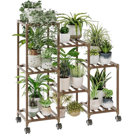 Support Plantes Intérieur avec Roulettes, Porte Plante Intérieur en Bois, Étagère à 3 Niveaux pour 7 Pots, Étagère Plante pour Fenêtre, Jardin, Balcon, Patio, Salon, Porte Plante Extérieur (1/5)