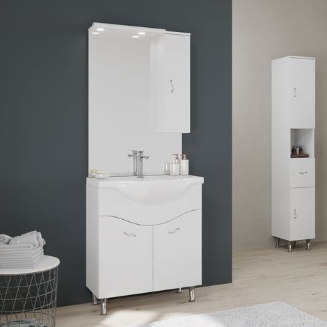 Mueble De Baño 75 Cm 2 Puertas Y Unidad De Pared En Blanco Brillante Serie Easy (1/5)