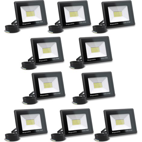 Lot de 10 Projecteur LED Extérieur 20W, Super Lumineux 1510LM Spot LED, 6500K Blanc Froid, IP66 Étanche, Lumière de Sécurité pour Jardin, Terrasse, Garage, Cour, Aire de Jeux, Sans Prise