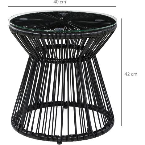 Gartentisch rund mit Hohltrommel-Design, Bistrotisch mit Glastischplatte, schwarzer Kaffeetisch für Garten & Balkon