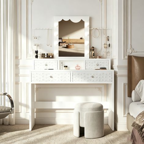 Coiffeuse avec Miroir – 3 Modes D’Éclairage – 8 Ampoules – Table de Maquillage Blanc avec 4 Tiroirs-étagère à bijoux amovible