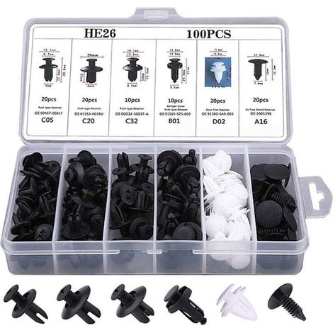 Lot de 100 rivets de fixation pour garde-boue de voiture - 6 tailles - En nylon - Pour pare-chocs et jupes latérales (1/5)